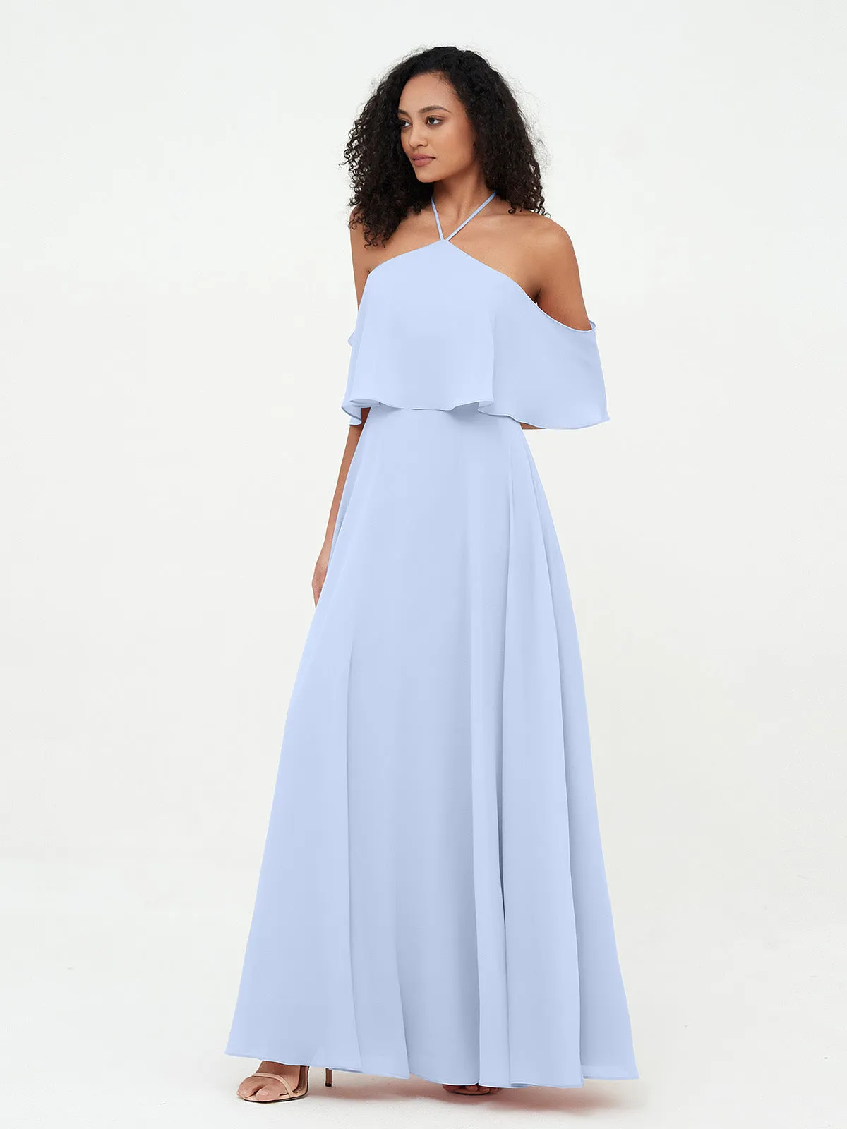 Halter Off the Shoulder Max Dresses with Pockets-Sky Blue Plus Size