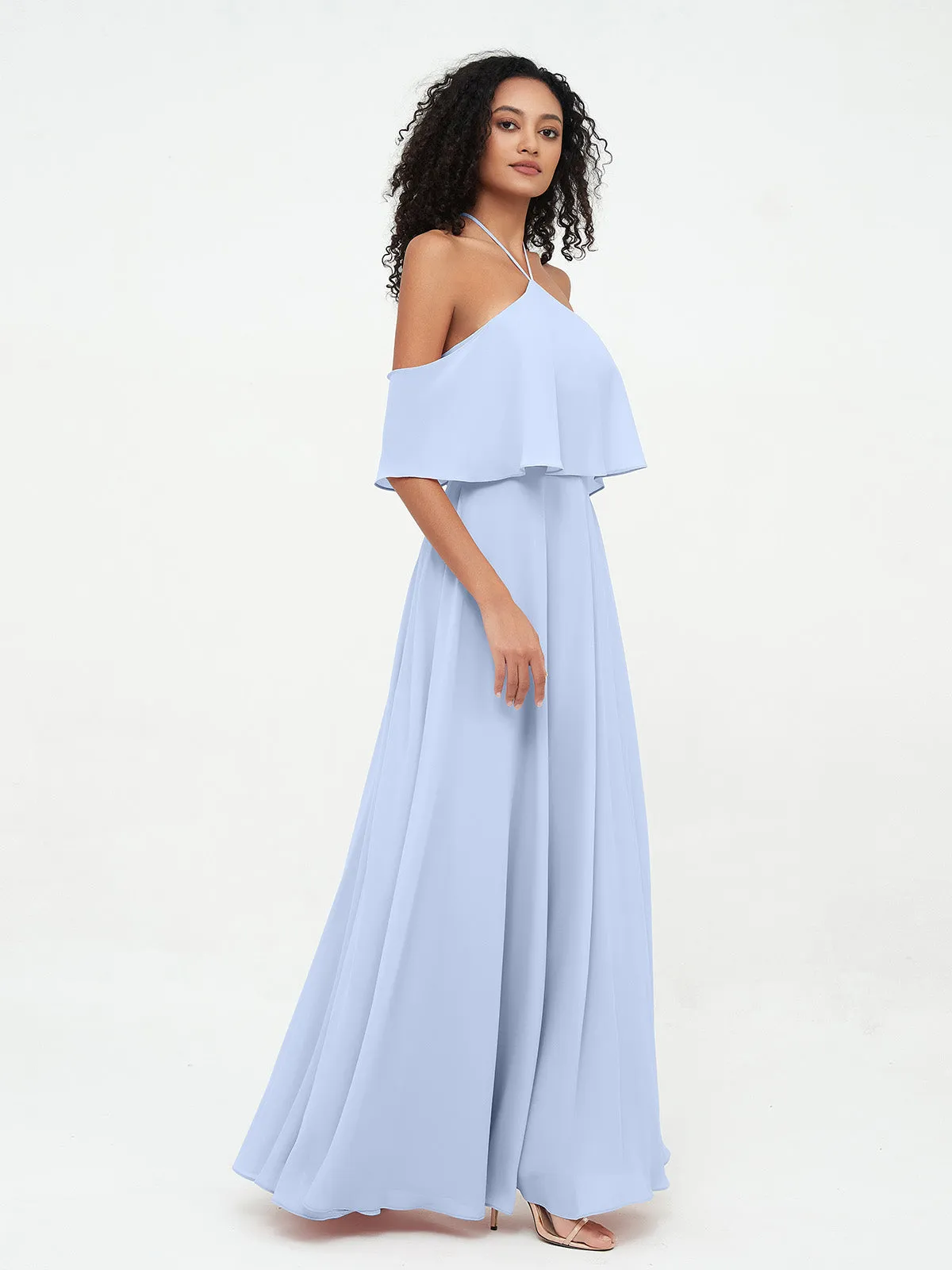 Halter Off the Shoulder Max Dresses with Pockets-Sky Blue Plus Size