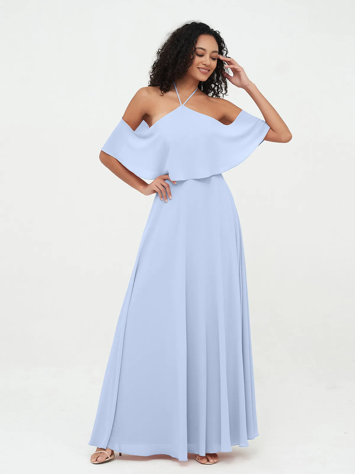 Halter Off the Shoulder Max Dresses with Pockets-Sky Blue Plus Size