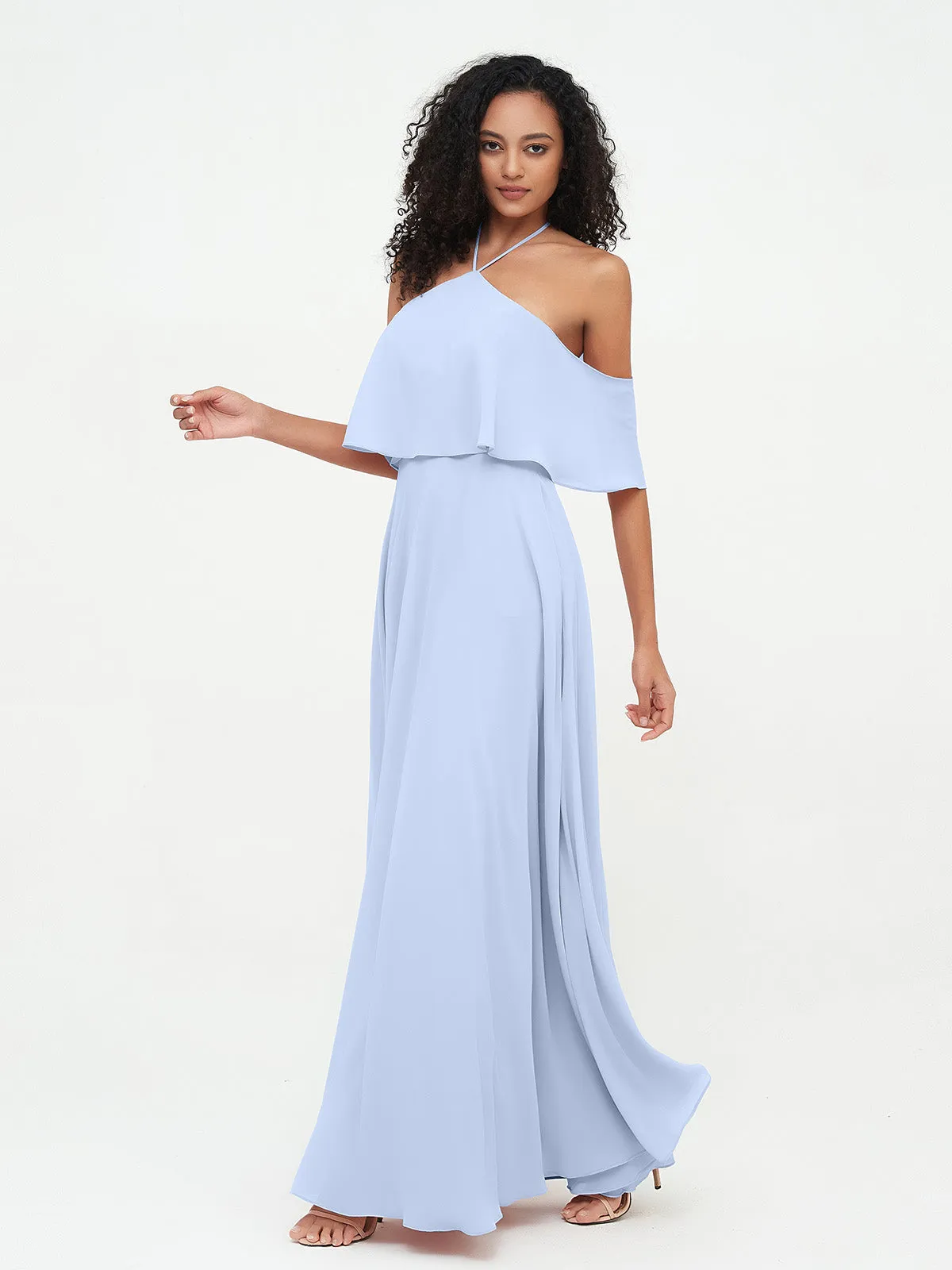 Halter Off the Shoulder Max Dresses with Pockets-Sky Blue Plus Size