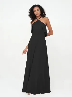 Halter Strap Chiffon Long Bridesmaid Dresses Black Plus Size