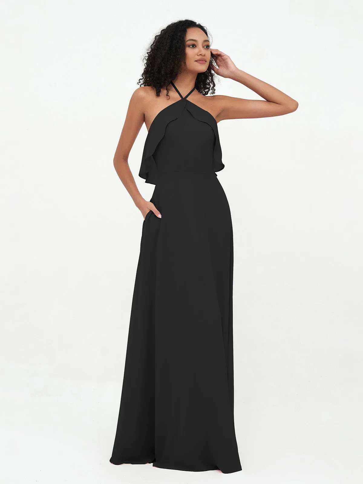 Halter Strap Chiffon Long Bridesmaid Dresses Black Plus Size