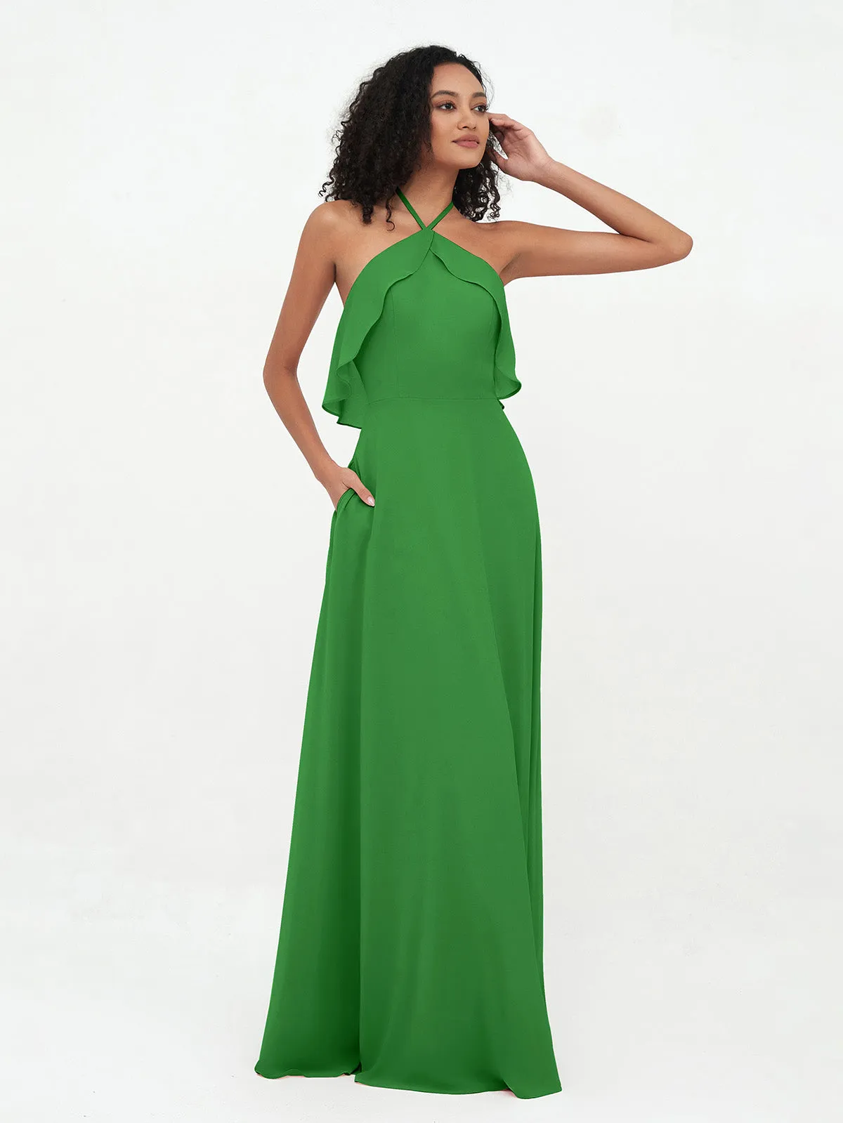 Halter Strap Chiffon Long Bridesmaid Dresses Green Plus Size