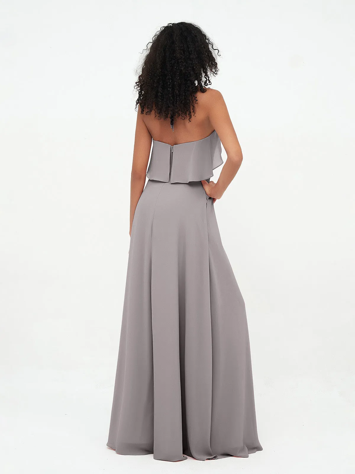 Halter Strap Chiffon Long Bridesmaid Dresses Silver