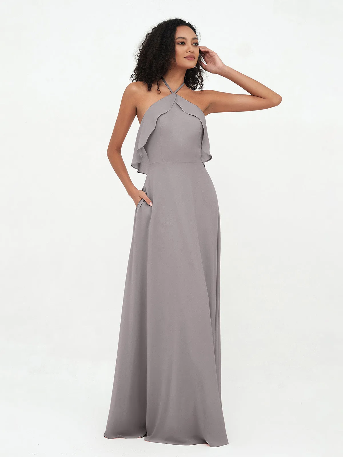 Halter Strap Chiffon Long Bridesmaid Dresses Silver