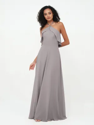 Halter Strap Chiffon Long Bridesmaid Dresses Silver