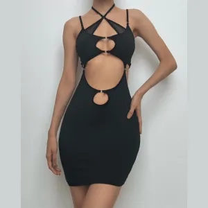 Hollow out halter backless patchwork solid cut out mini dress