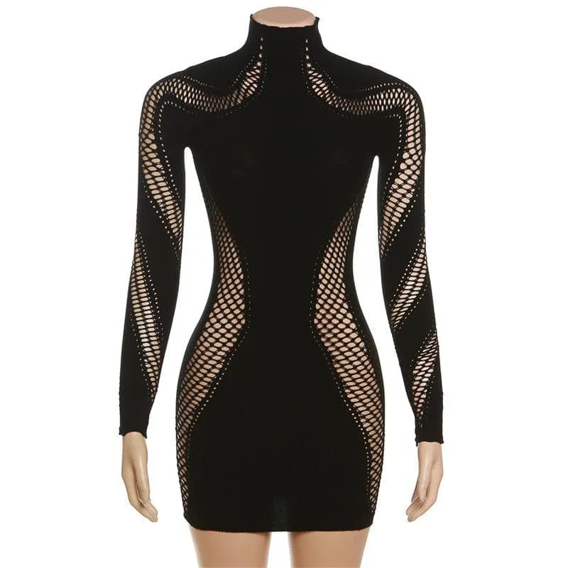 Hollow out solid long sleeve fishnet high neck cut out mini dress