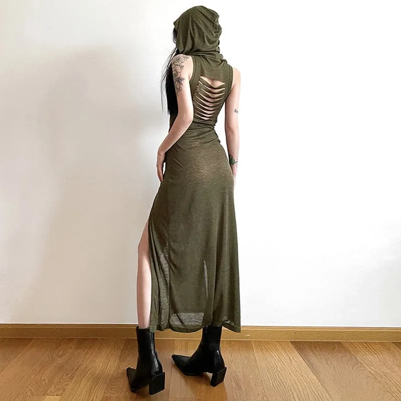 Hoodie sleeveless slit hollow out self tie cowl neck cut out maxi dress