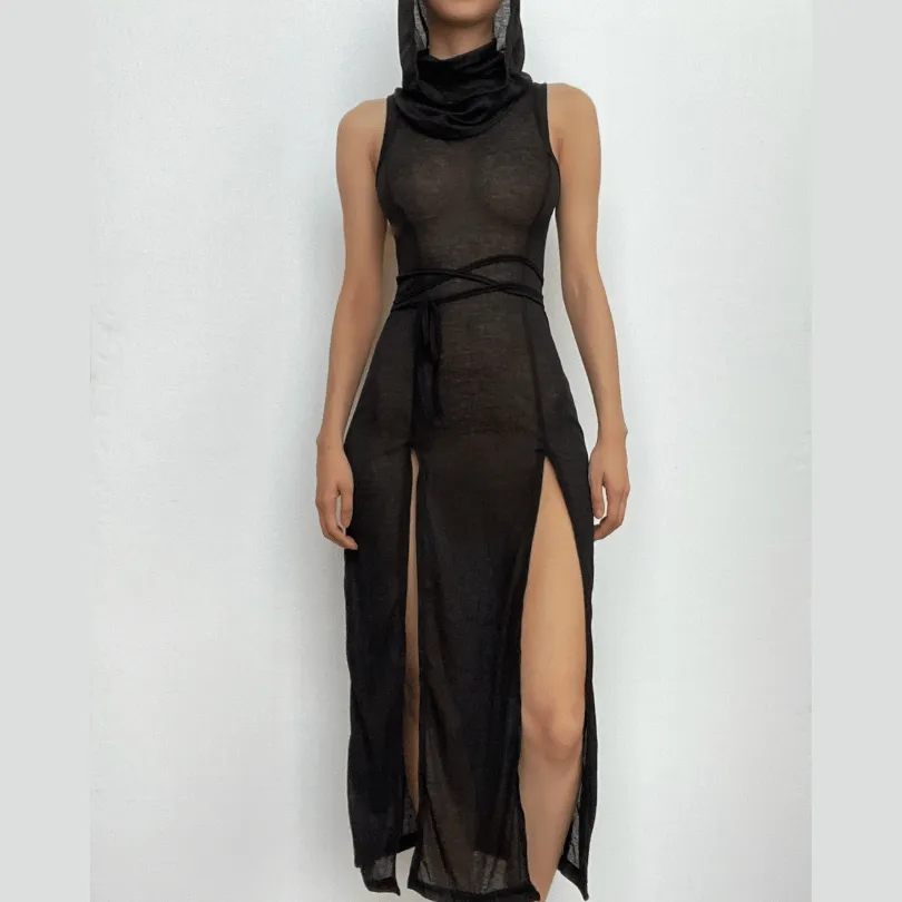 Hoodie sleeveless slit hollow out self tie cowl neck cut out maxi dress