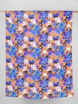 Italian Flora Fauna Print Linen Deadstock - Terracotta   Blue   Magenta - Swatch