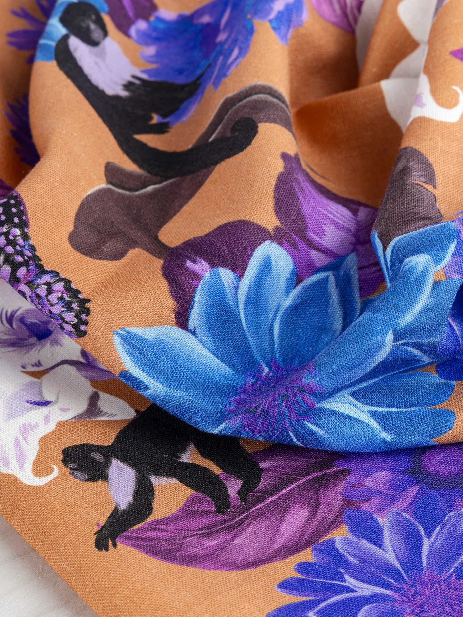 Italian Flora Fauna Print Linen Deadstock - Terracotta   Blue   Magenta - Swatch