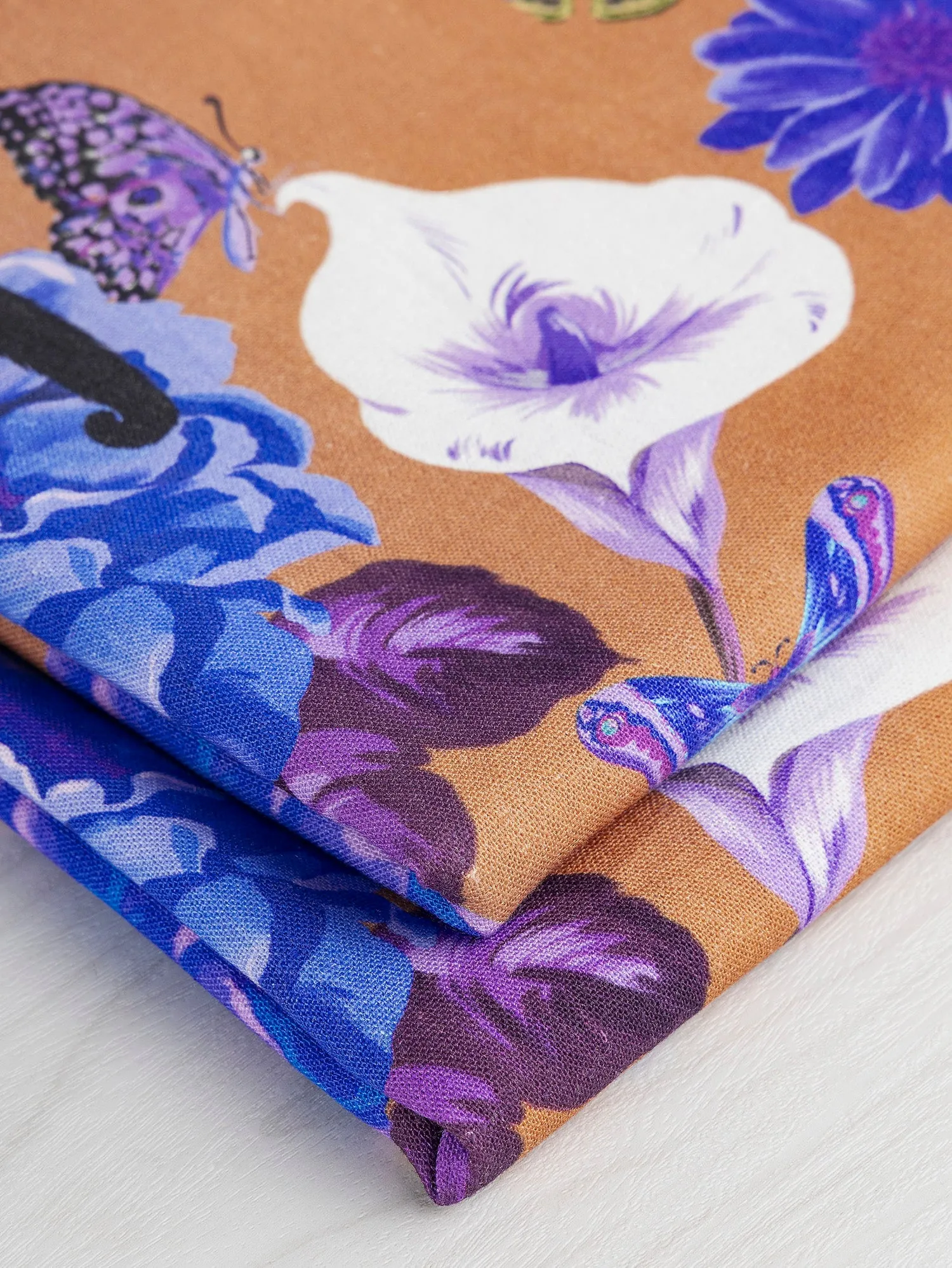 Italian Flora Fauna Print Linen Deadstock - Terracotta   Blue   Magenta - Swatch