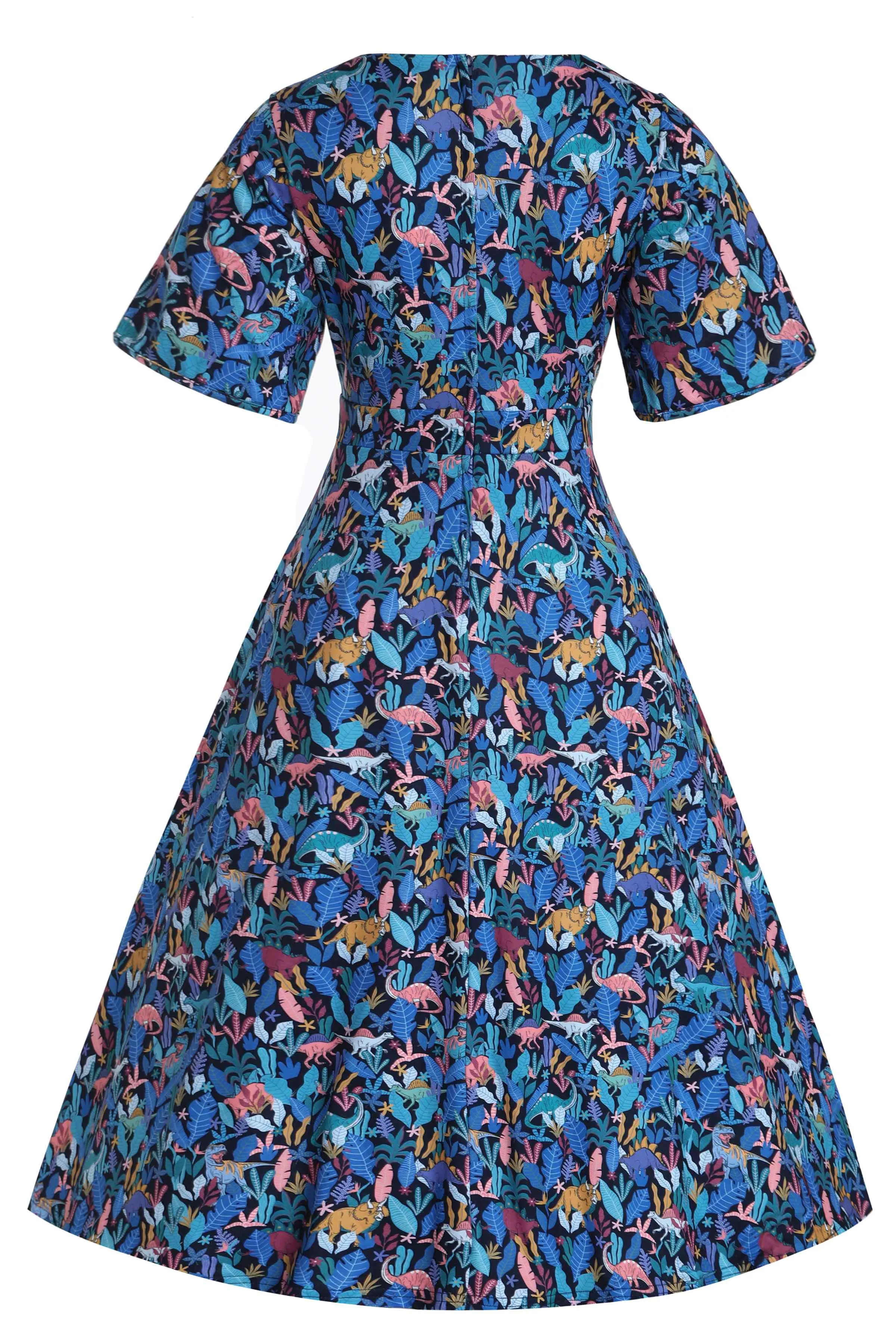 Janice Dinosaur Navy Blue Petal Sleeve Tea Dress