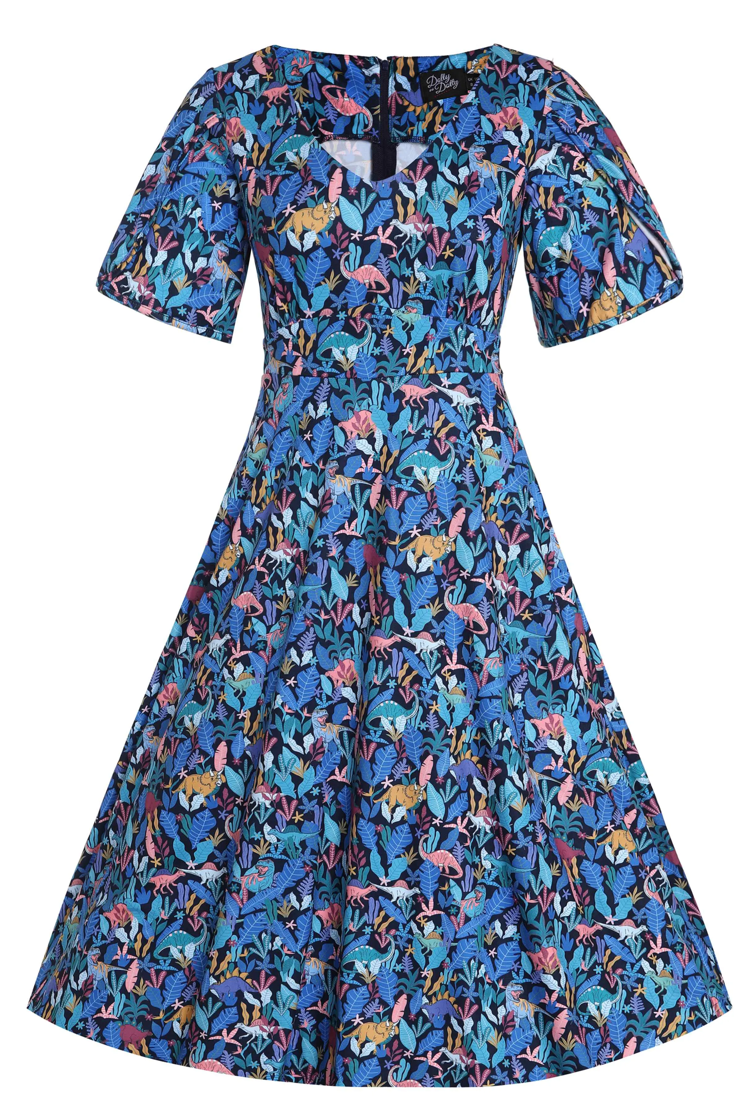 Janice Dinosaur Navy Blue Petal Sleeve Tea Dress