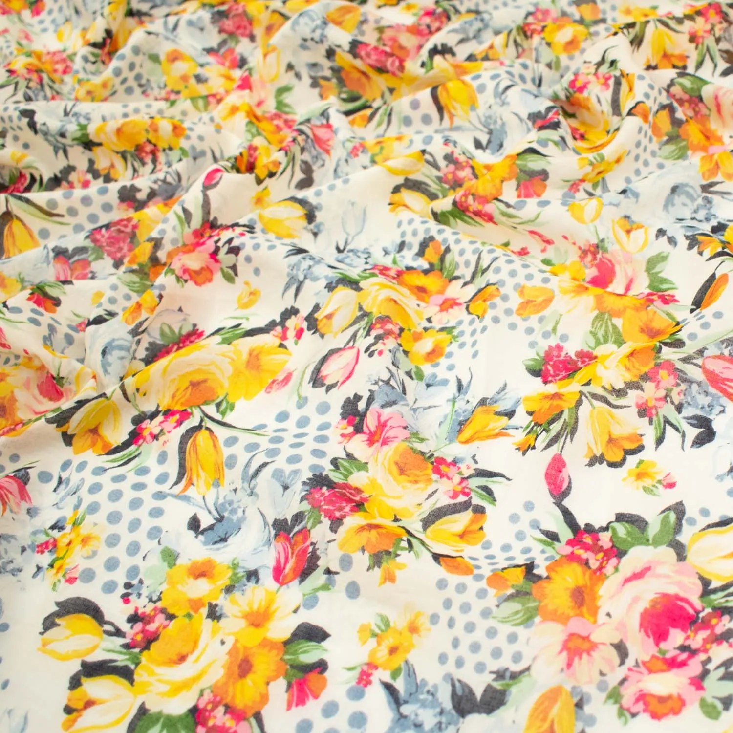 Japanese Pure Cotton Lawn Prints Design-168 Yellow Florals & Grey Dots on White