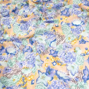 Japanese Pure Cotton Lawn Prints Design-172 Blue Hydrangea & Turquoise Flowers on Yellow