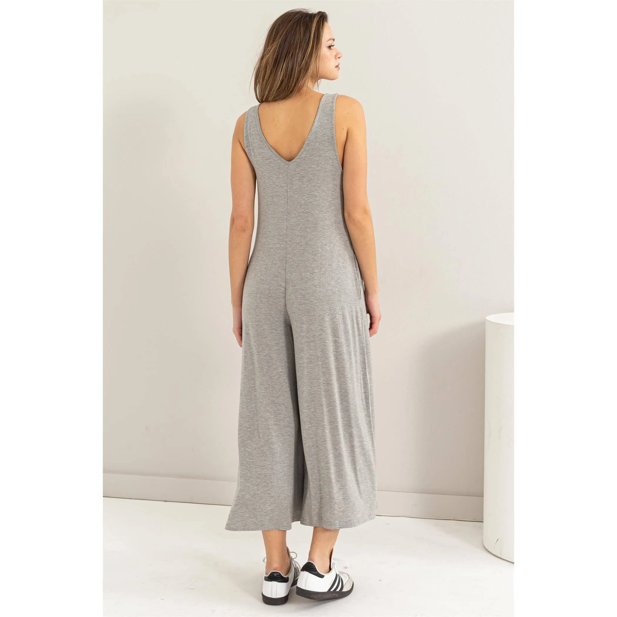 JERSEY V-NECK JUMPSUIT: HEATHER GRAY