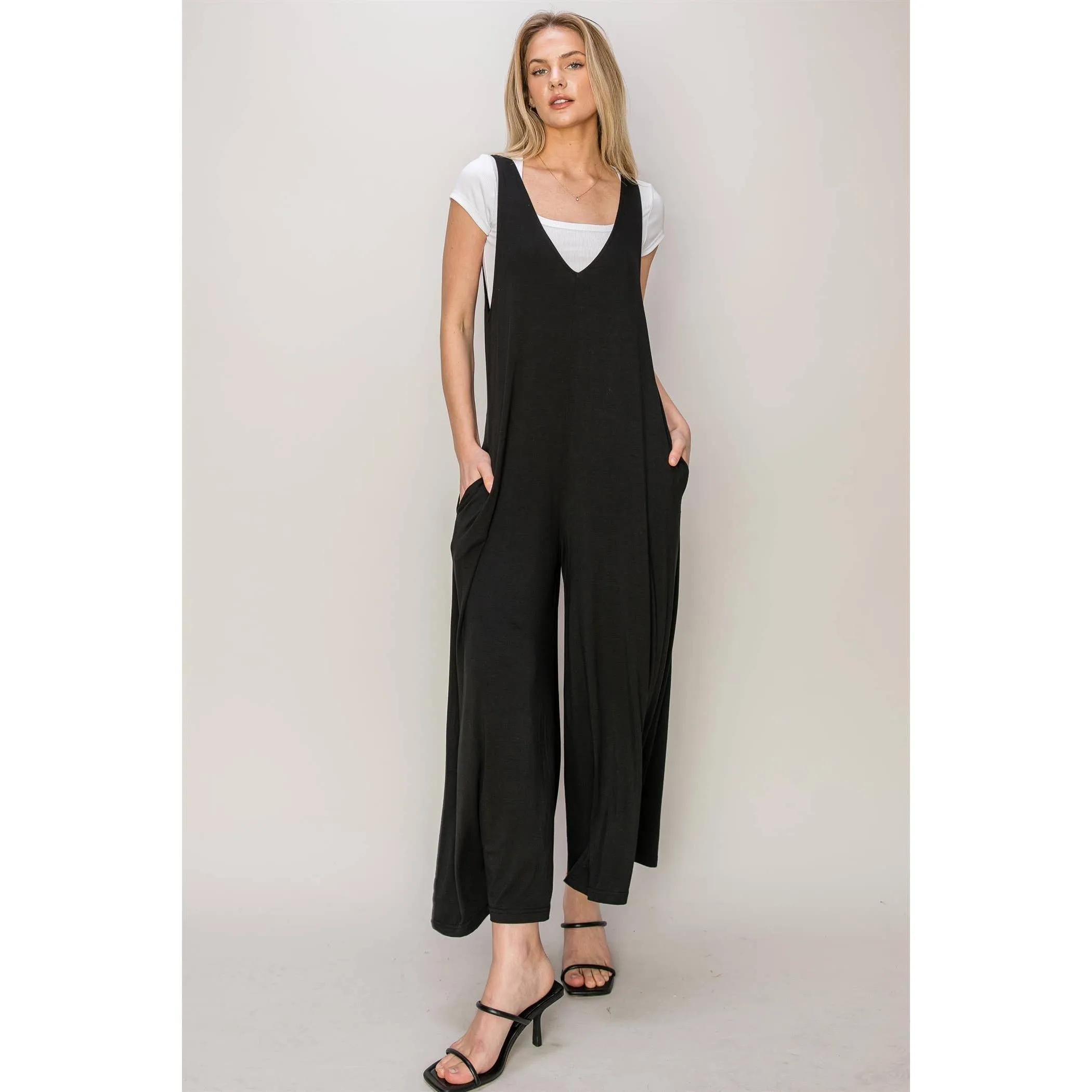 JERSEY V-NECK JUMPSUIT: HEATHER GRAY