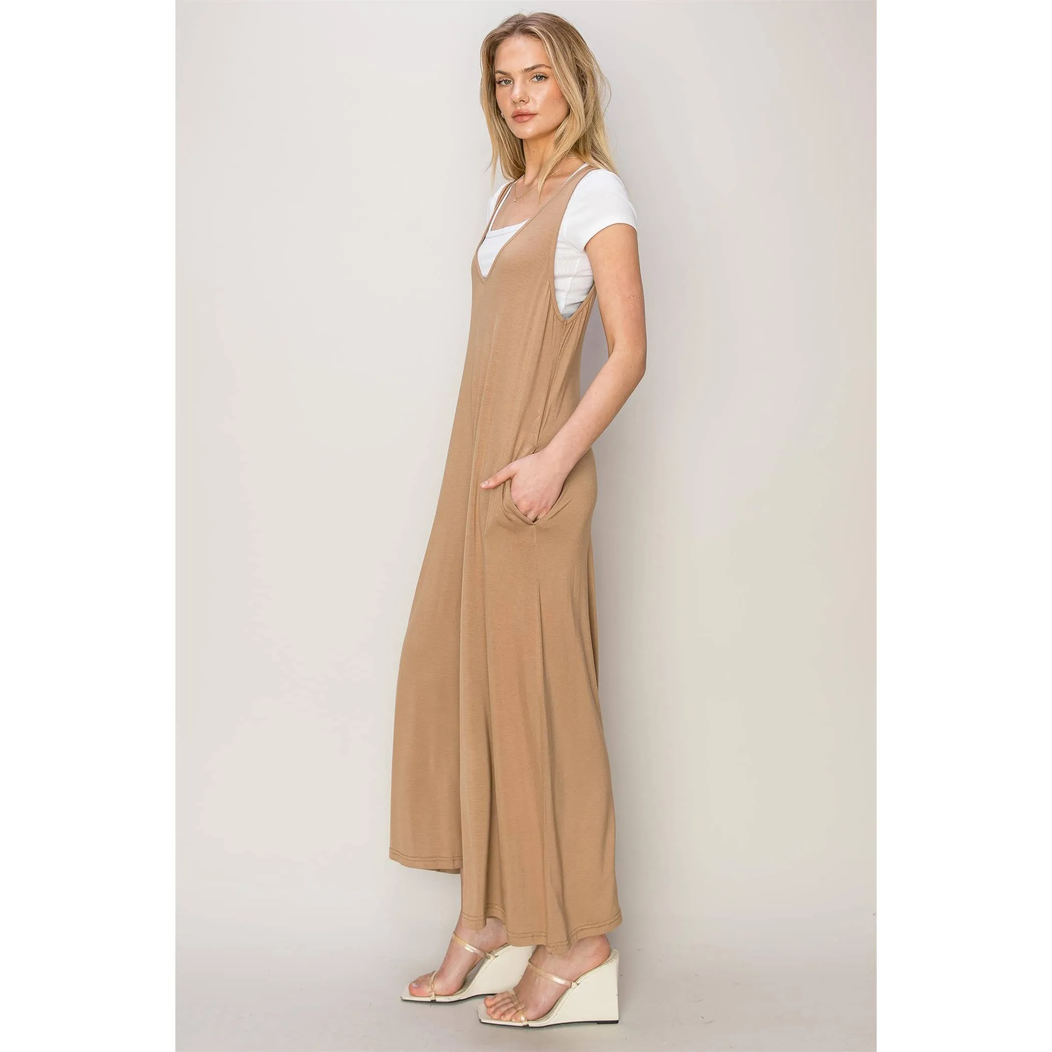 JERSEY V-NECK JUMPSUIT: HEATHER GRAY