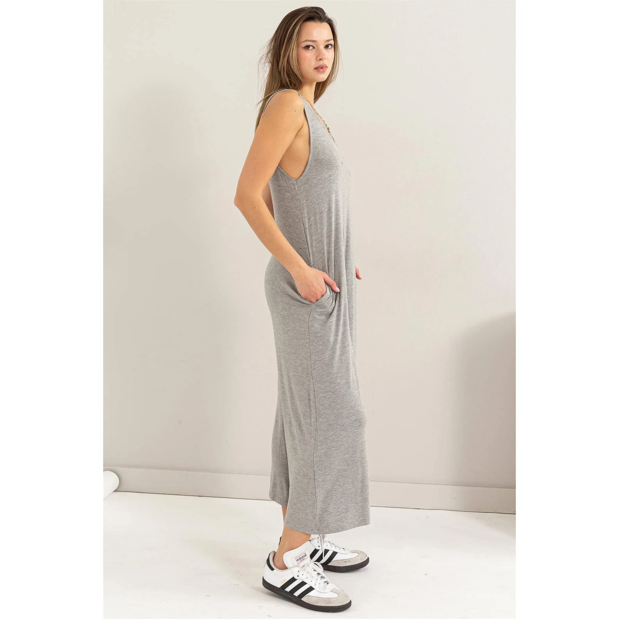 JERSEY V-NECK JUMPSUIT: HEATHER GRAY