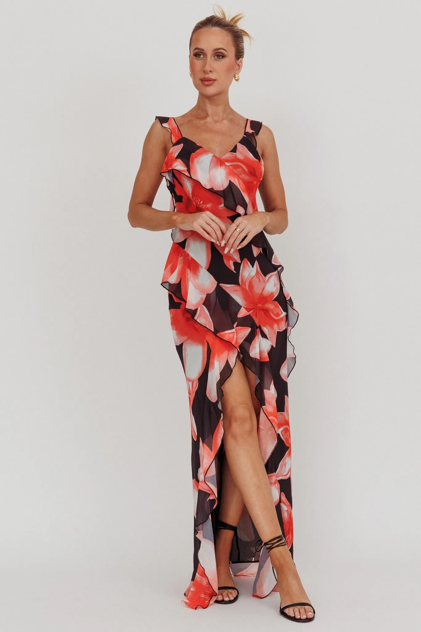 Joyride Floral Ruffle Maxi Dress Black/Red