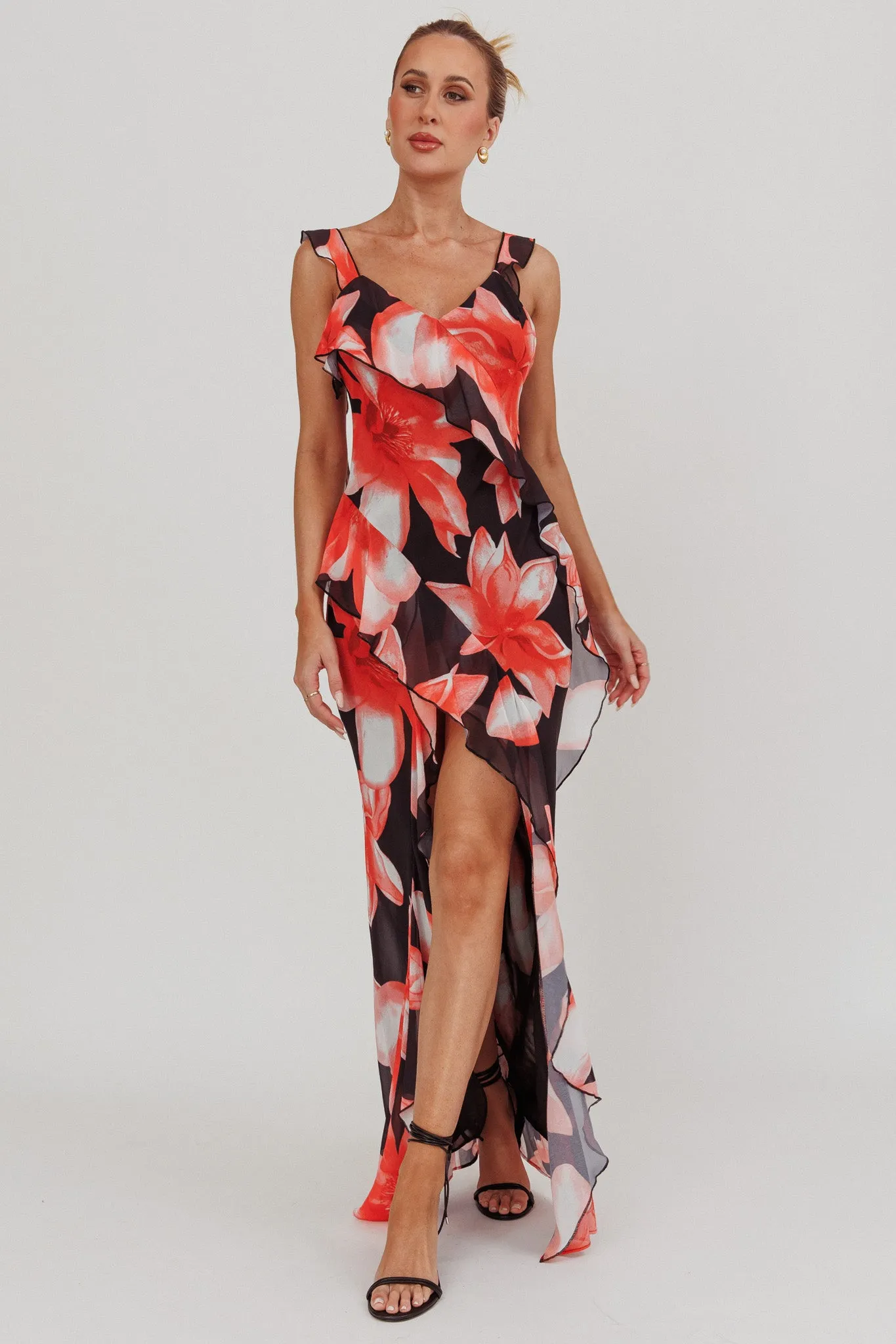 Joyride Floral Ruffle Maxi Dress Black/Red