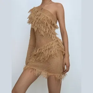 Knitted raw hem solid long sleeve one shoulder crochet irregular mini dress