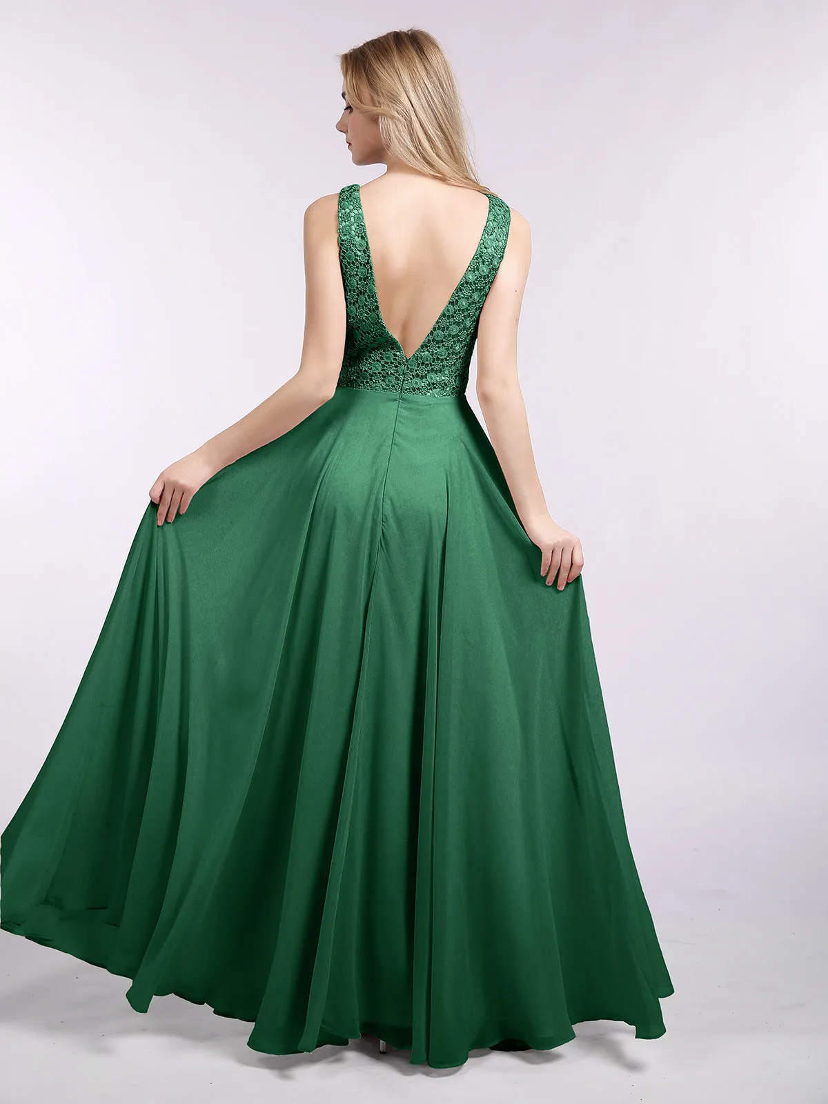 Lace Bodice Chiffon Skirt Long Gown-Dark Green Plus Size