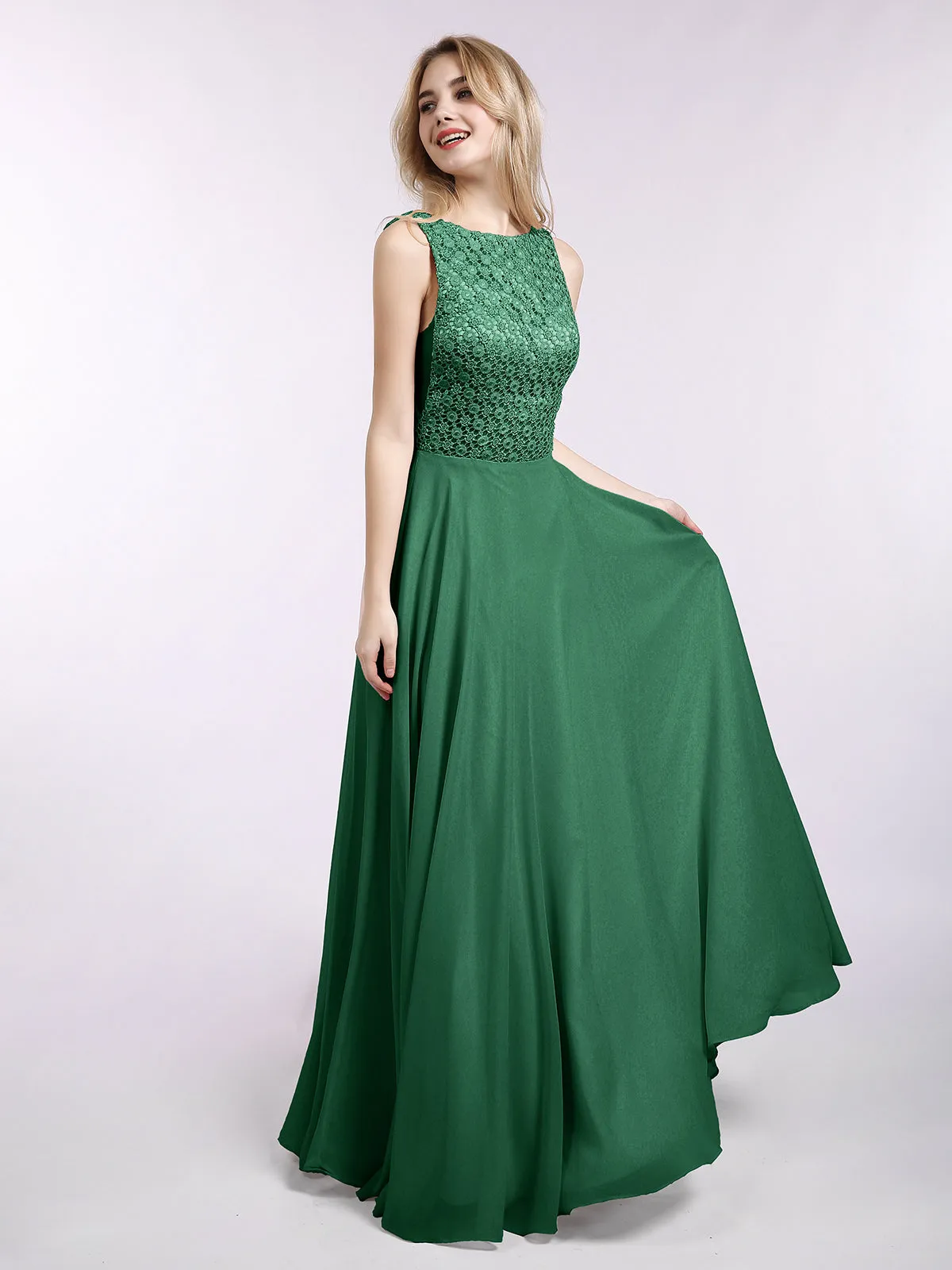 Lace Bodice Chiffon Skirt Long Gown-Dark Green Plus Size