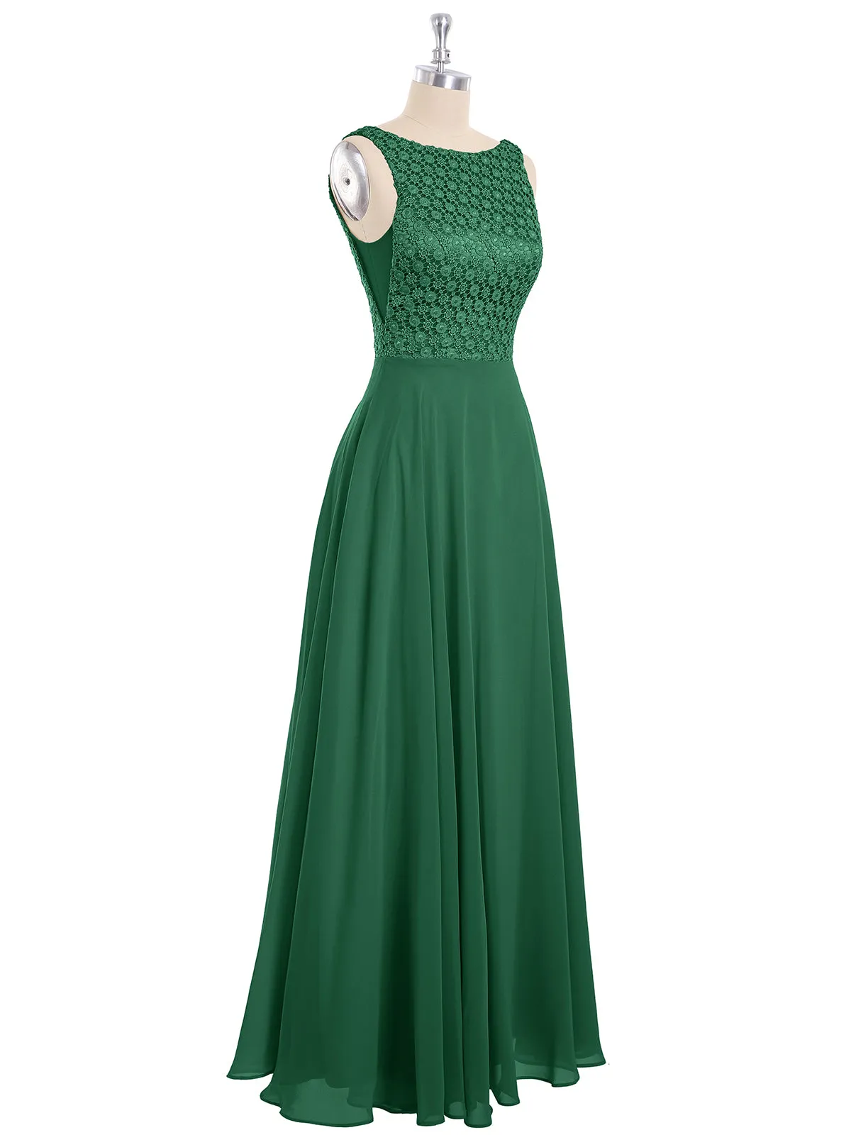 Lace Bodice Chiffon Skirt Long Gown-Dark Green Plus Size