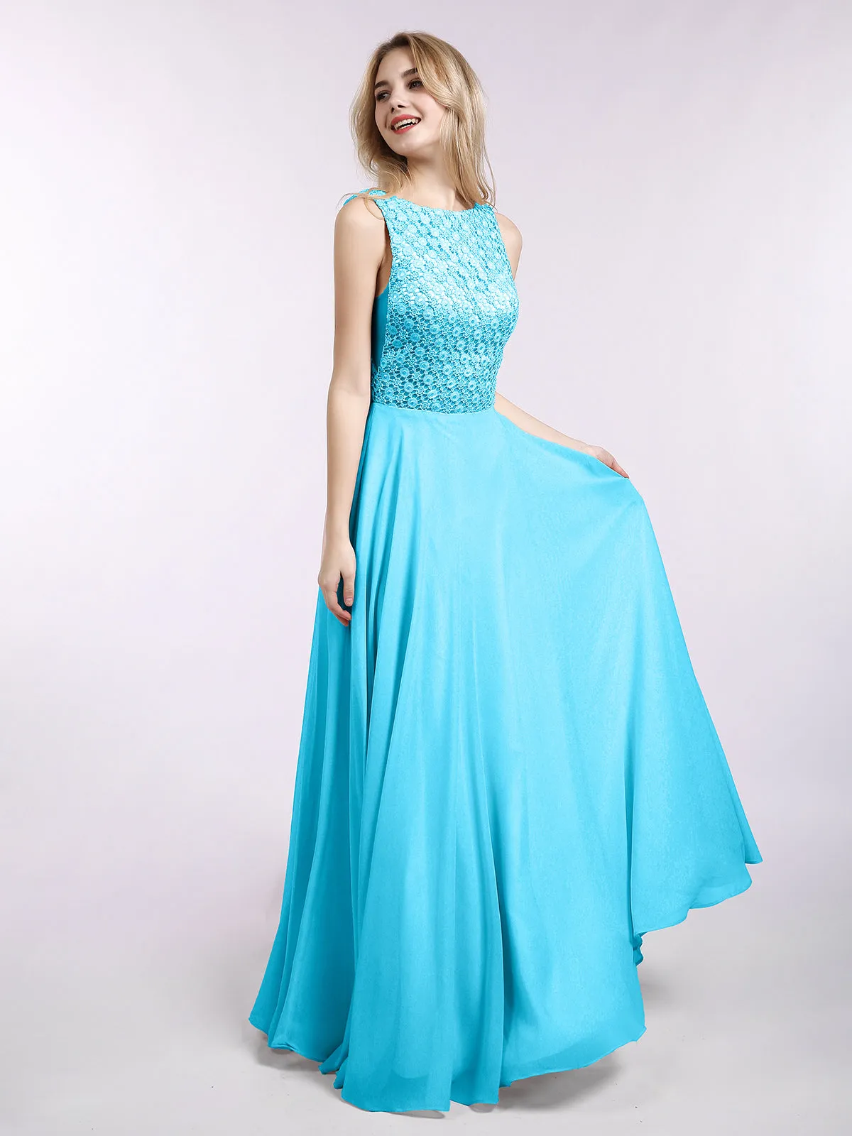 Lace Bodice Chiffon Skirt Long Gown-Pool Plus Size