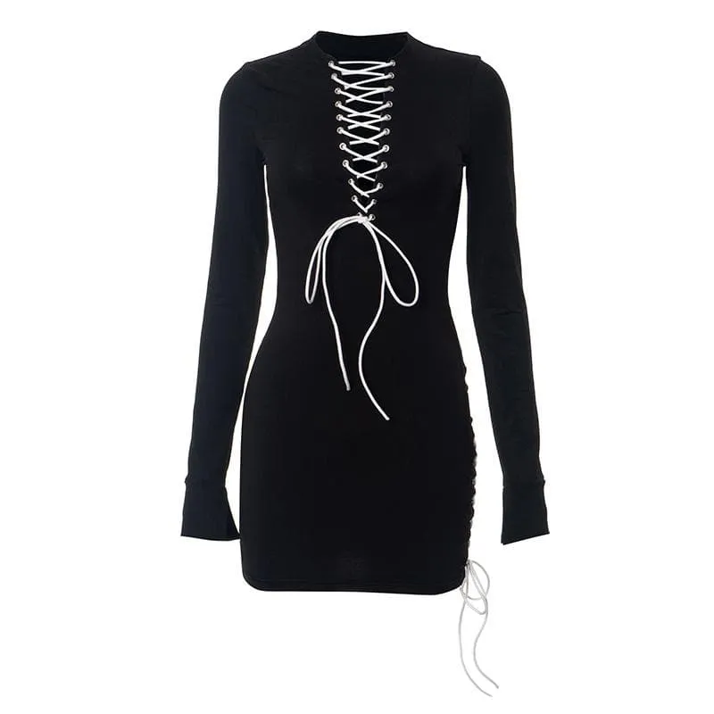 Lace up contrast long sleeve irregular crewneck mini dress