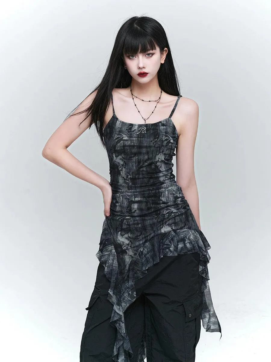 Ladyghost Grunge Fairy Asymmetrical Cami Dress - Women'S Tie-Dye Ruched Mini Dress With Ruffle Hem