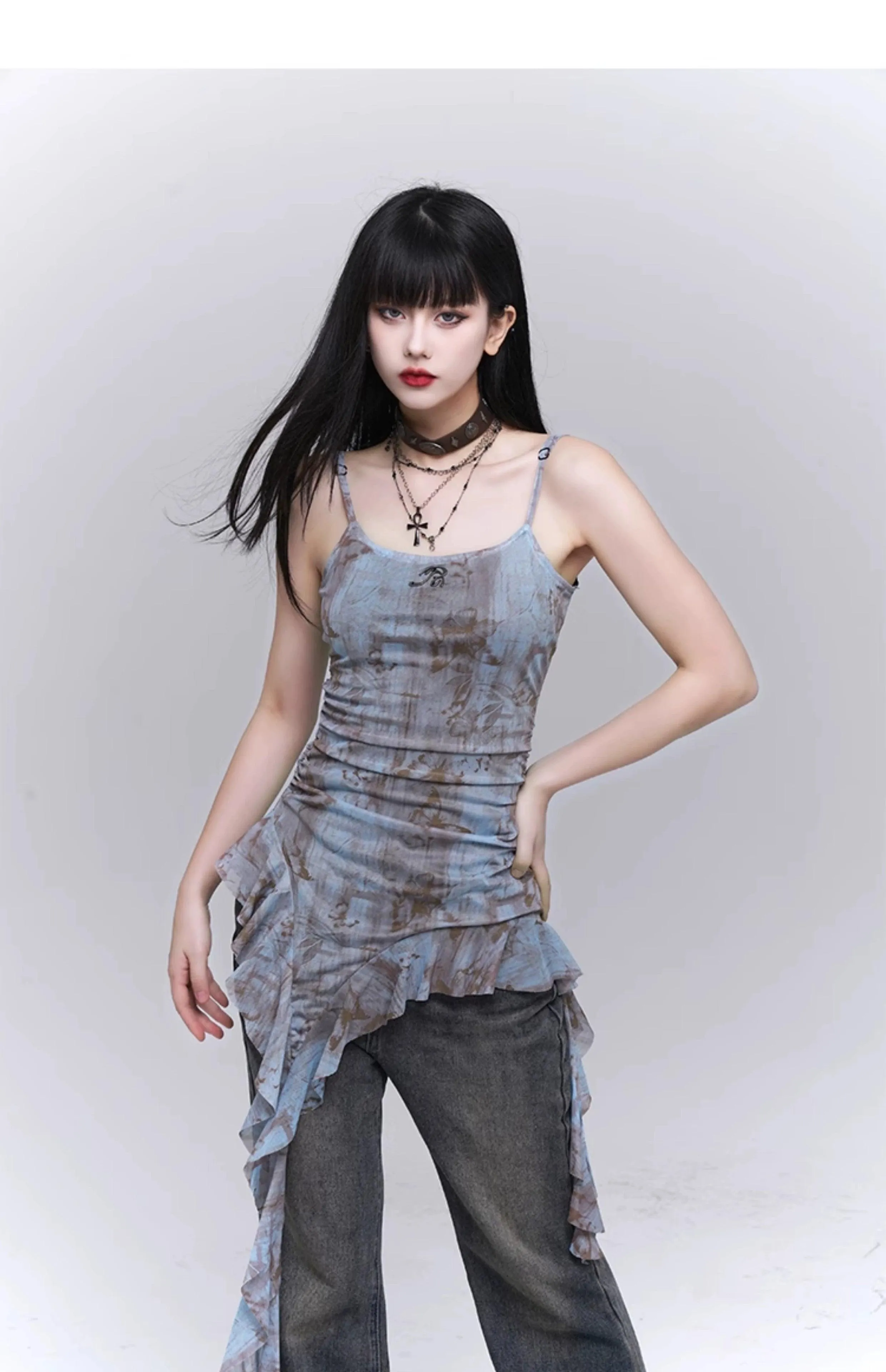 Ladyghost Grunge Fairy Asymmetrical Cami Dress - Women'S Tie-Dye Ruched Mini Dress With Ruffle Hem