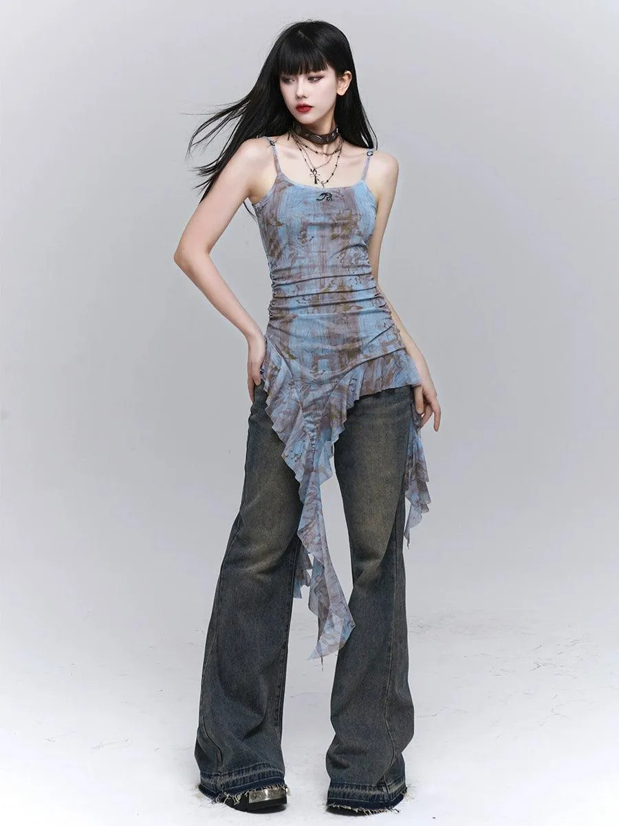 Ladyghost Grunge Fairy Asymmetrical Cami Dress - Women'S Tie-Dye Ruched Mini Dress With Ruffle Hem