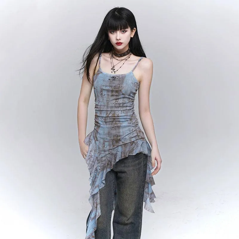 Ladyghost Grunge Fairy Asymmetrical Cami Dress - Women'S Tie-Dye Ruched Mini Dress With Ruffle Hem