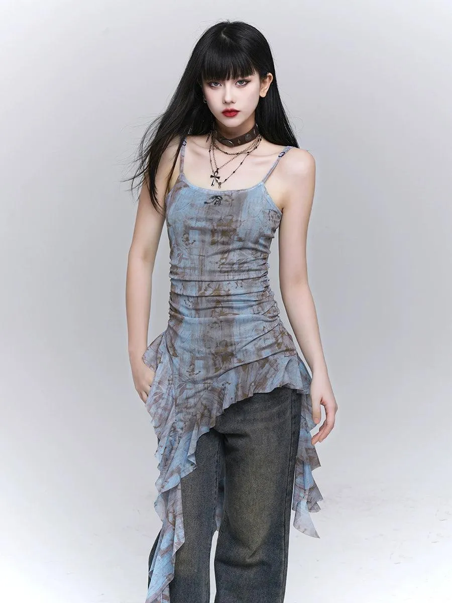 Ladyghost Grunge Fairy Asymmetrical Cami Dress - Women'S Tie-Dye Ruched Mini Dress With Ruffle Hem