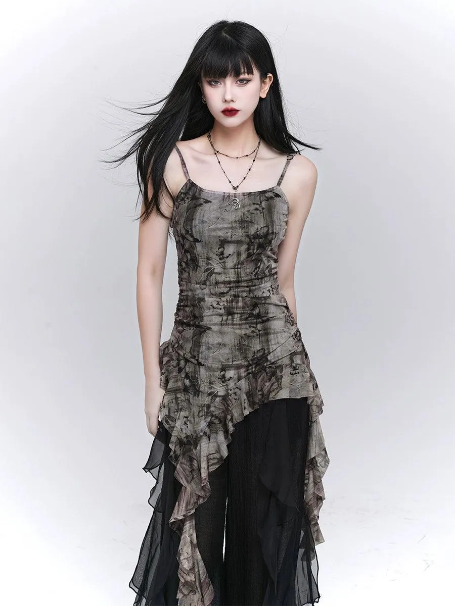 Ladyghost Grunge Fairy Asymmetrical Cami Dress - Women'S Tie-Dye Ruched Mini Dress With Ruffle Hem