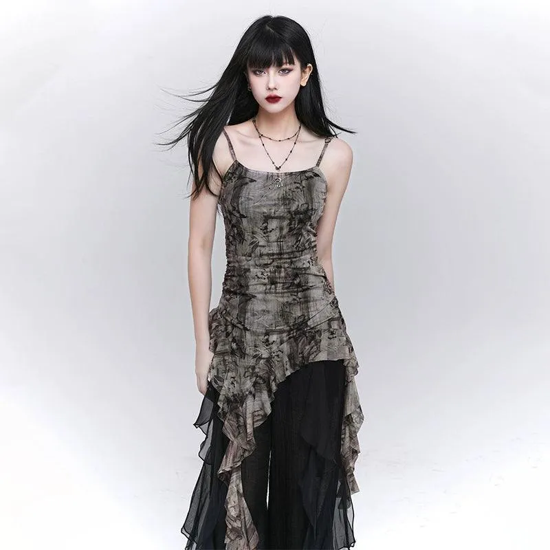 Ladyghost Grunge Fairy Asymmetrical Cami Dress - Women'S Tie-Dye Ruched Mini Dress With Ruffle Hem