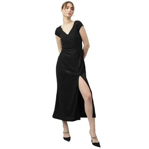 Latin Quarters Women Black V-Neck Short Sleeves Solid A-Line Dress S