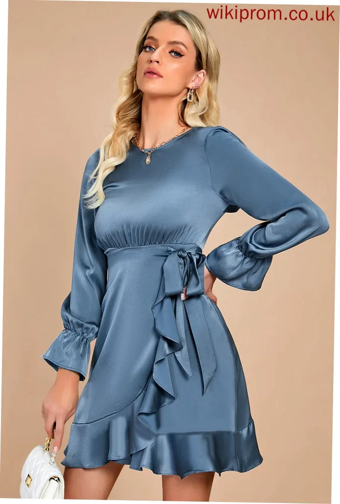 Long Elegant Neck Satin Mini Sleeves Club Dresses Round Dresses A-line Jazmin