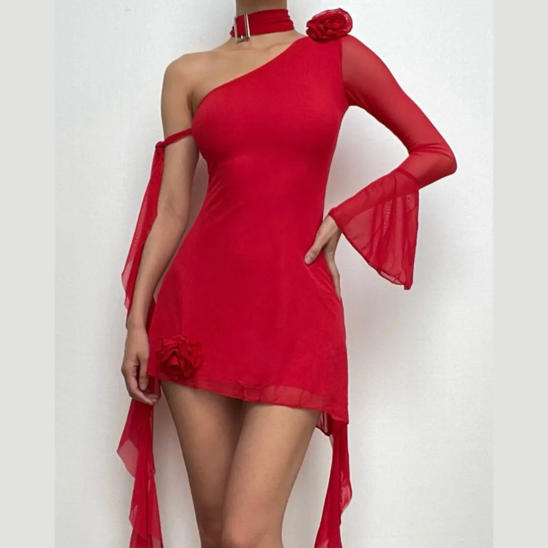 Long flared sleeve one shoulder ruffle flower applique mesh mini dress