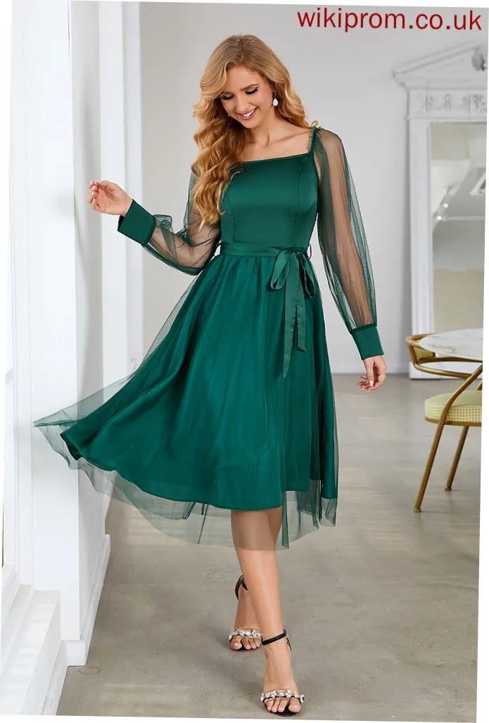 Long Satin Midi Square Elegant A-line Sleeves Amber Sash Dresses Club Dresses Neck