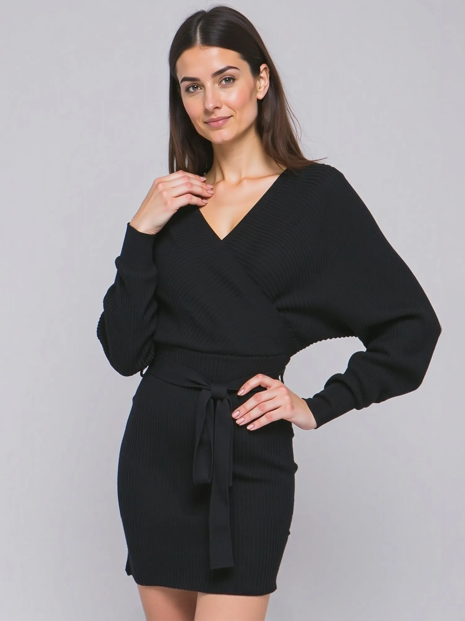 Long Sleeve Dolman Tie Waist Sweater Dress