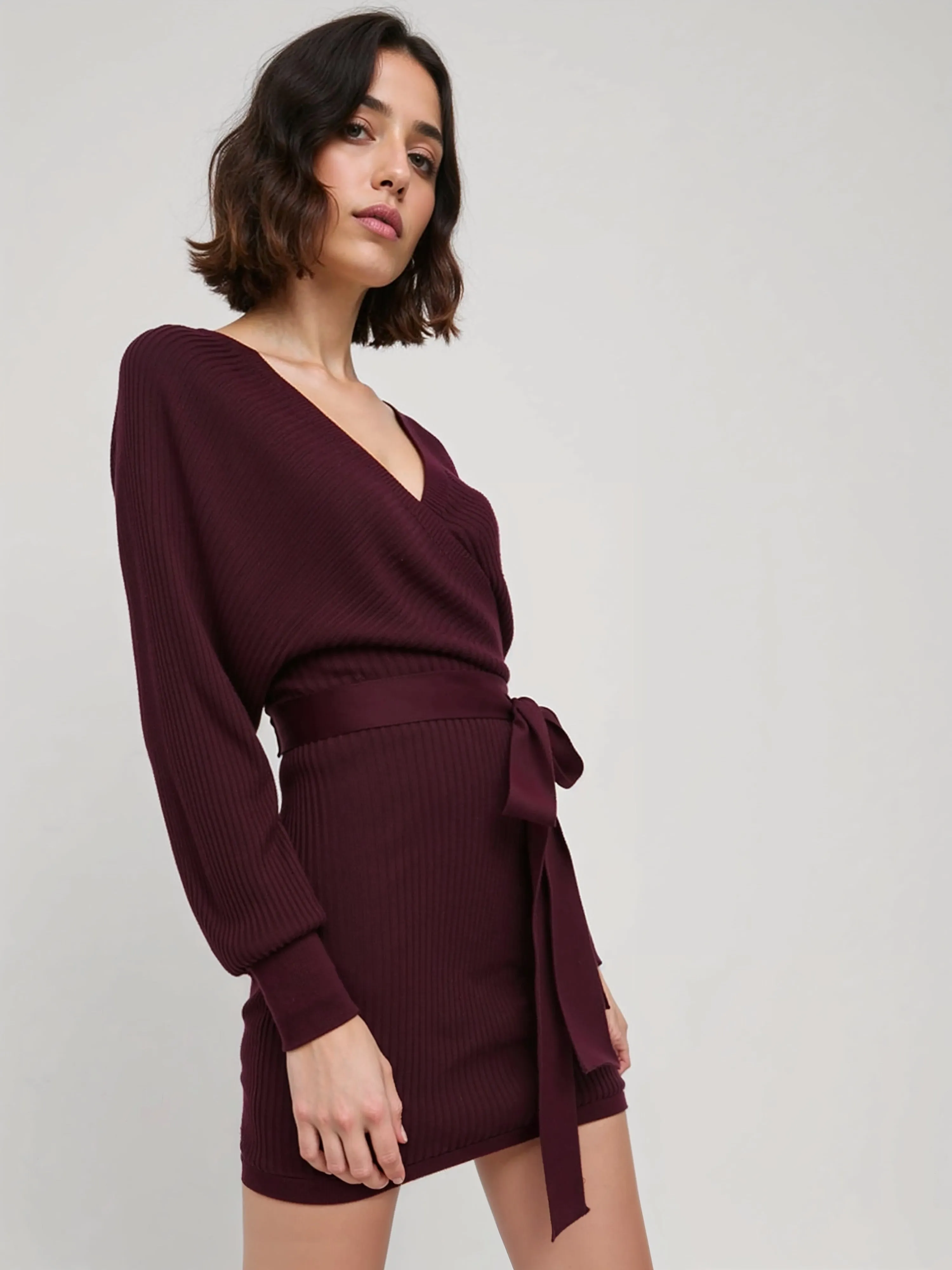 Long Sleeve Dolman Tie Waist Sweater Dress