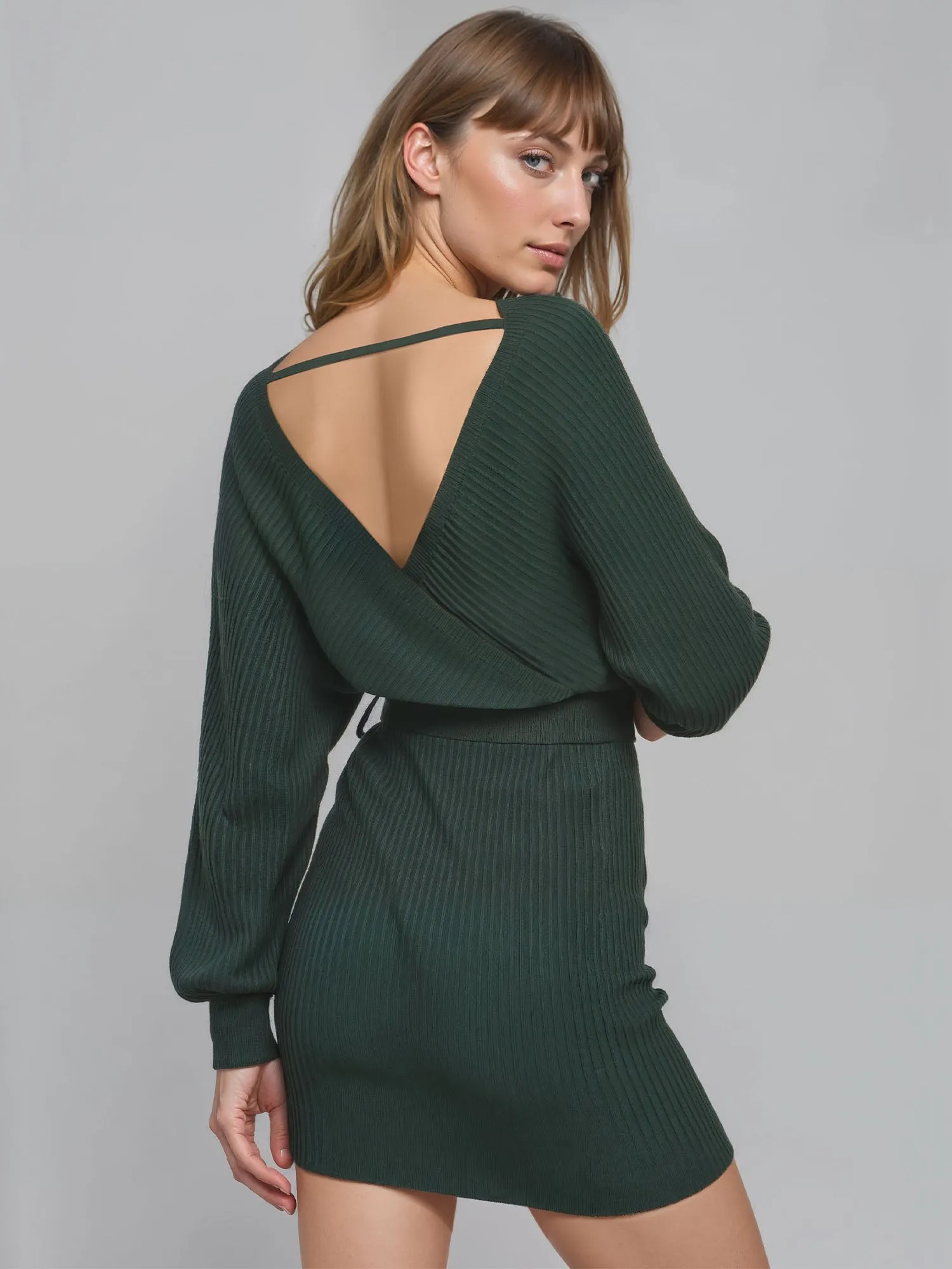 Long Sleeve Dolman Tie Waist Sweater Dress