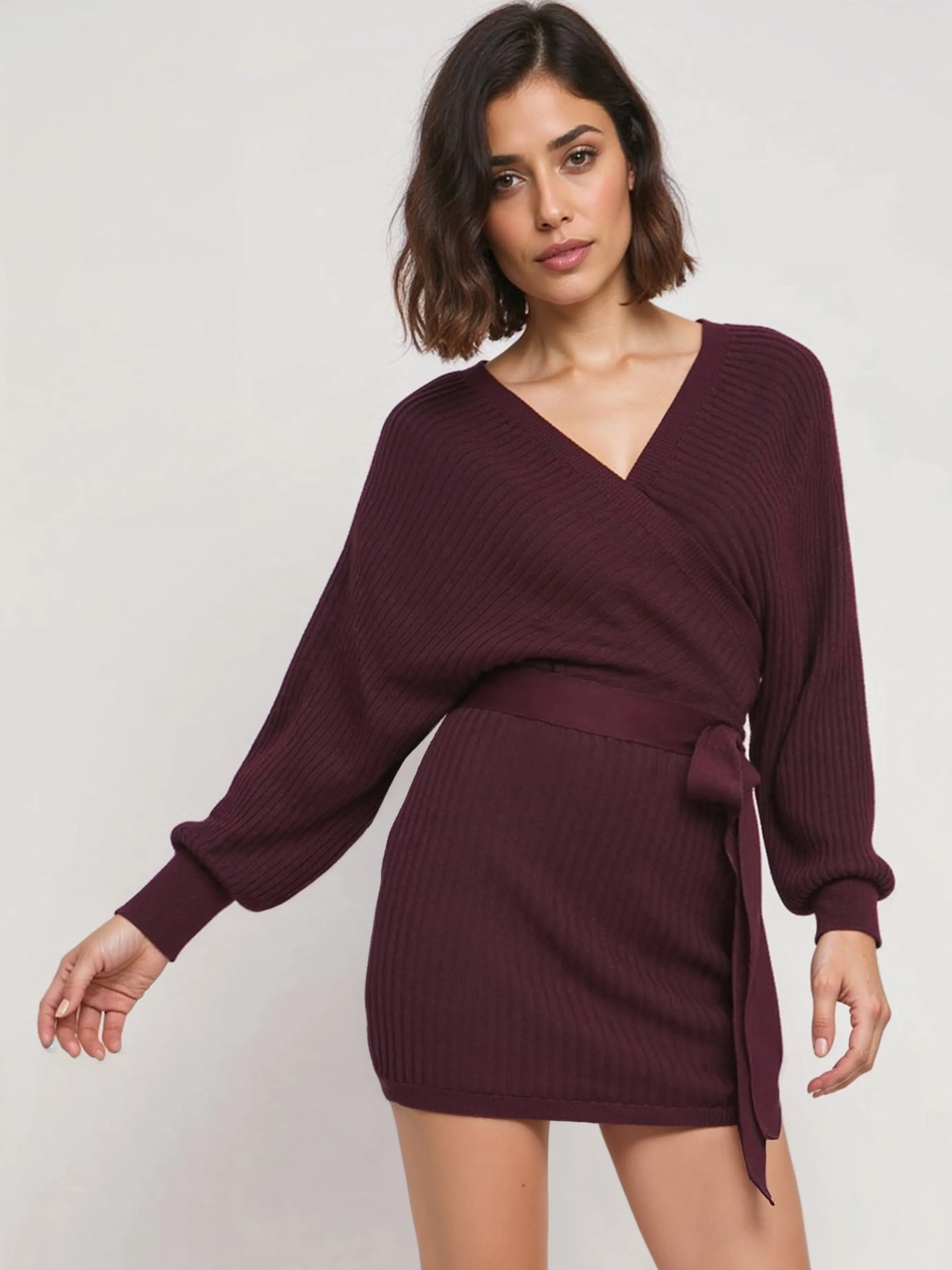 Long Sleeve Dolman Tie Waist Sweater Dress