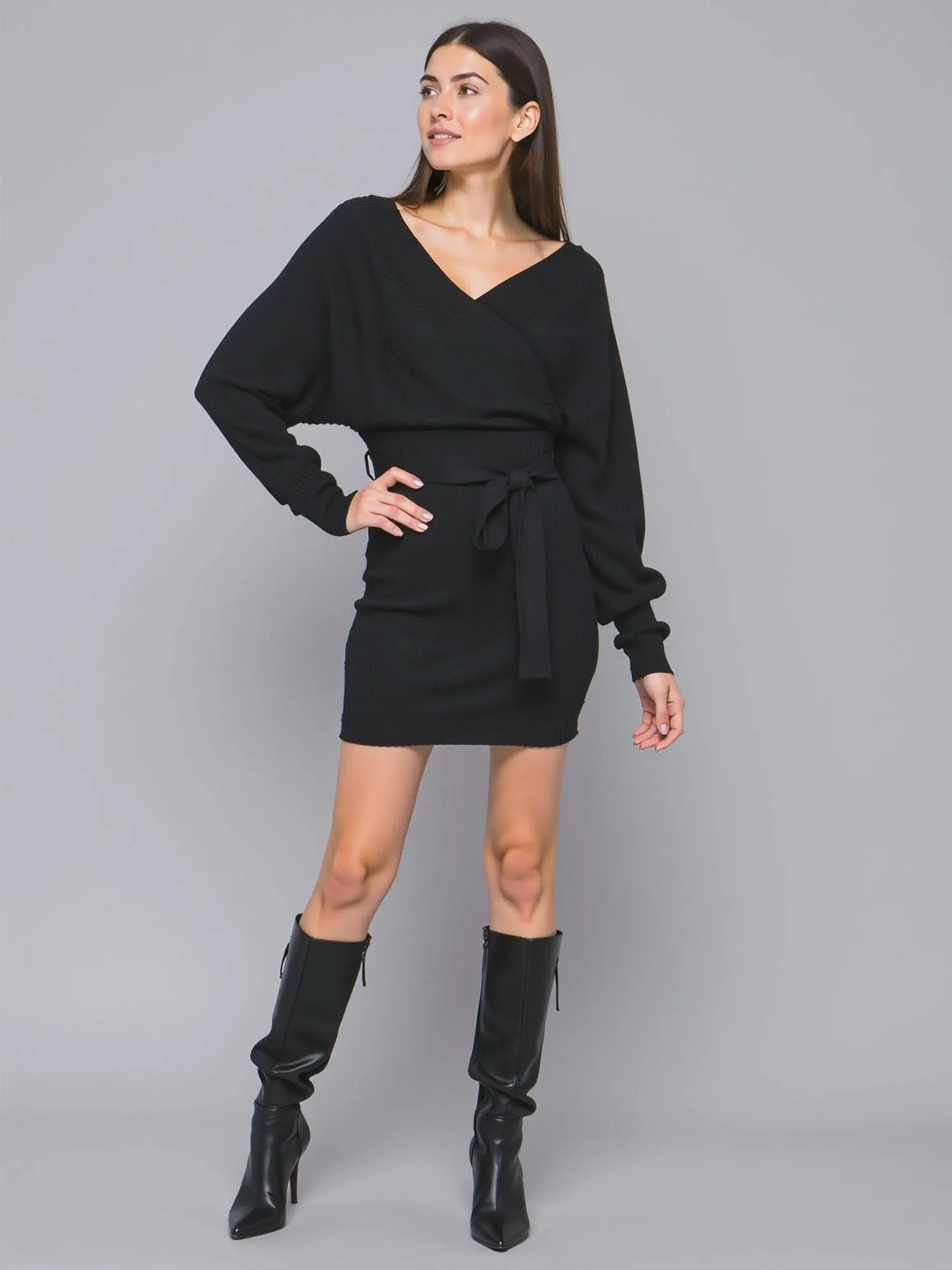 Long Sleeve Dolman Tie Waist Sweater Dress