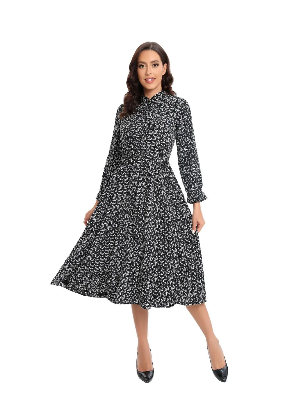 Long Sleeve Modern Print Modest Midi Dress